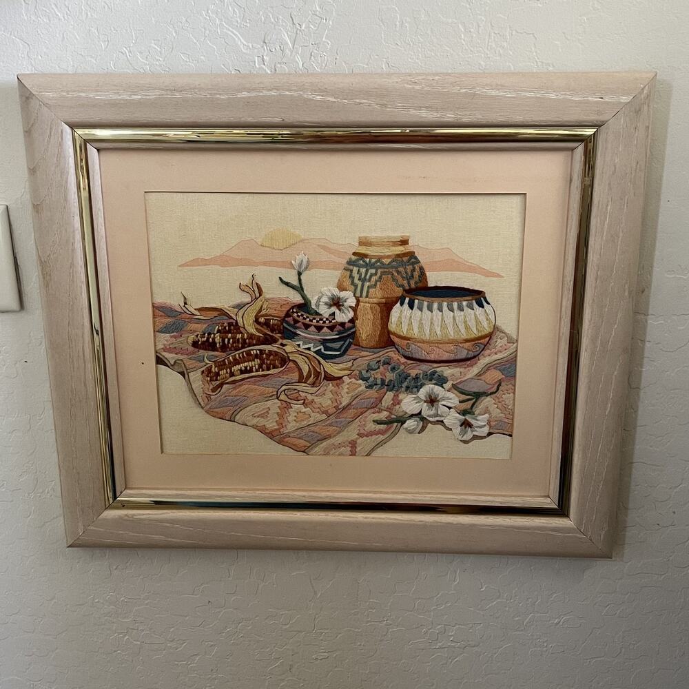 Santa Fe Still Life Complete Crewel Embroidery Art Piece Framed Southwestern